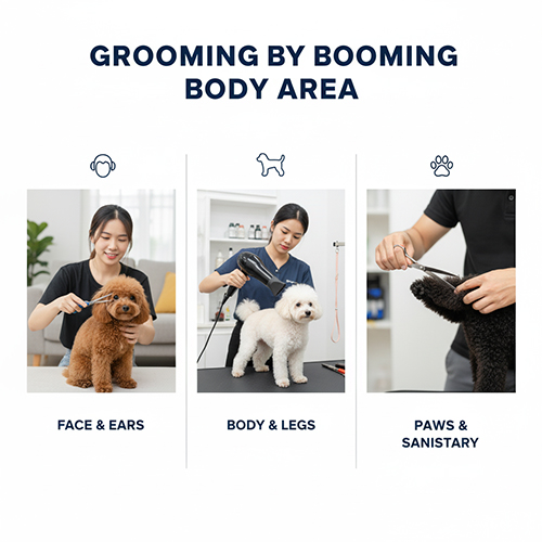 Hướng dẫn cắt tỉa lông Poodle theo từng vùng: mặt, tai, thân, chân, đuôi và vùng vệ sinh