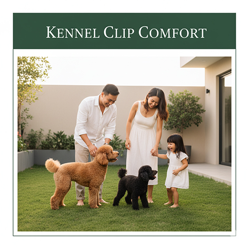 Gia đình Việt trẻ thư giãn cùng chó Poodle kiểu Kennel Clip trong sân sau.
