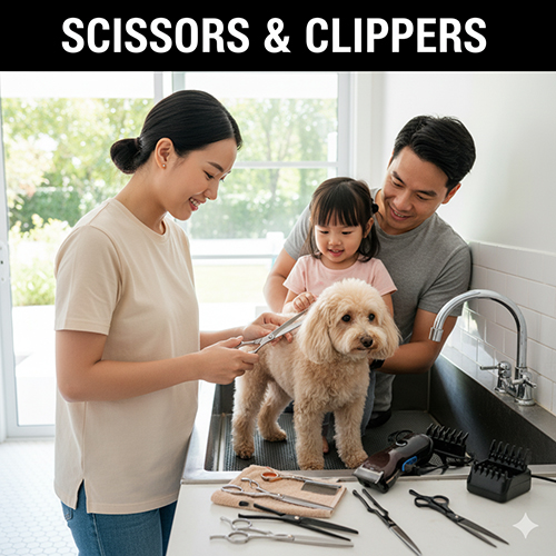 Gia đình sử dụng kéo và tông đơ để grooming chó Poodle an toàn tại nhà
