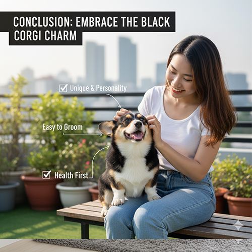 Cô gái vuốt ve chú chó Corgi màu đen trên sân thượng – kết bài Black Corgi Charm 🖤