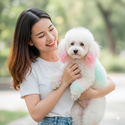 Chó Poodle trắng nhuộm hồng pastel và xanh mint an toàn, đẹp và nổi bật