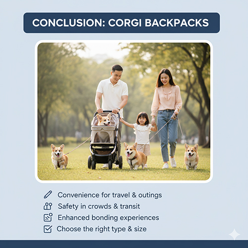 Gia đình dắt chó Corgi đi dạo trong công viên, một bé ngồi trong xe đẩy thú cưng