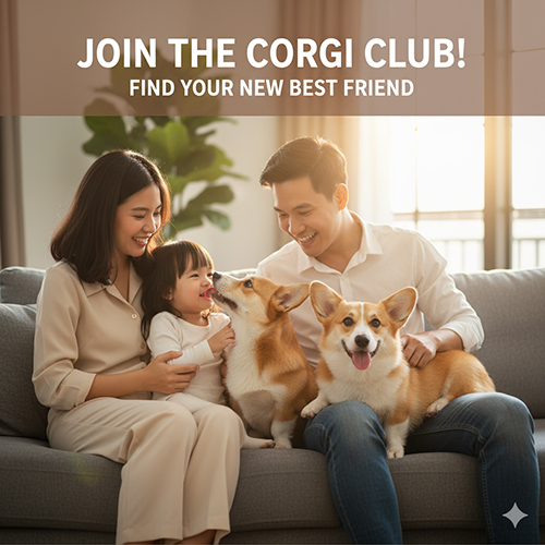 Gia đình hạnh phúc bên hai chú chó Corgi dễ thương trên sofa, thể hiện sự gắn kết 🐶❤️