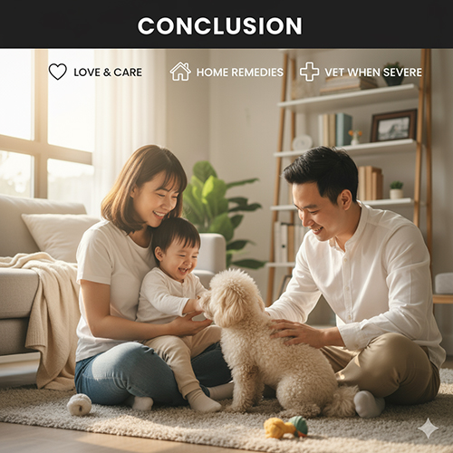 Kết luận về cách xử lý chó Poodle bị tiêu chảy: chăm sóc tại nhà khi nhẹ, đưa thú y khi nặng, mua chó từ trại uy tín để giảm rủi ro.