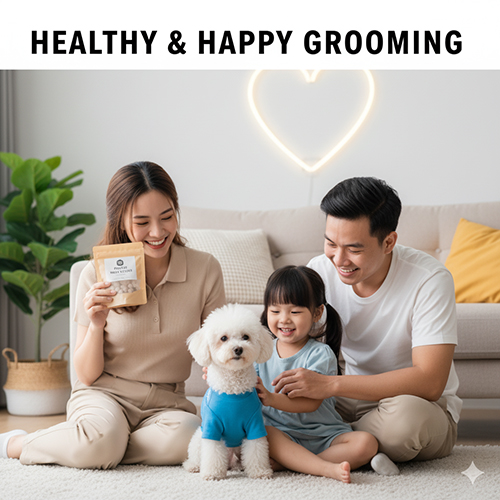 Gia đình vui vẻ chăm sóc chó Poodle trắng mặc áo xanh – kết luận về cạo lông Poodle đúng cách