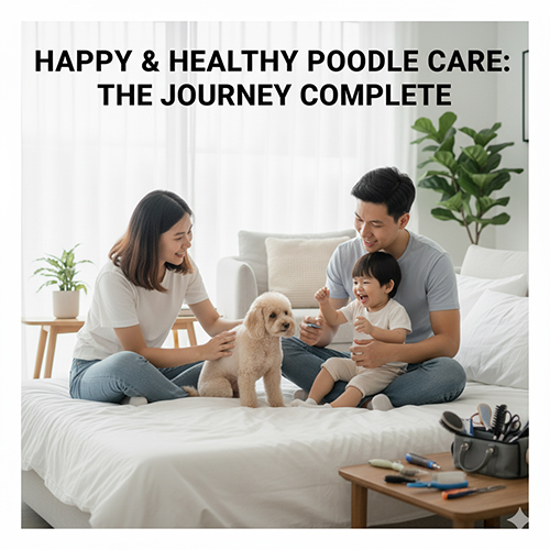 Gia đình vui vẻ chăm sóc chó Poodle sau khi hoàn thành lộ trình phục hồi da lông – tiếp tục duy trì grooming và cắt tỉa định kỳ