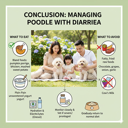 Kết luận chế độ ăn cho chó Poodle bị tiêu chảy: ăn cháo bí đỏ, thịt gà luộc, khoai lang, sữa chua không đường; tránh socola, sữa bò, đồ béo, đồ sống; bổ sung nước và điện giải, theo dõi sát sao