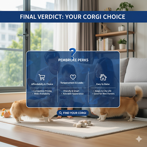 Hai bé chó Corgi Pembroke chơi trong phòng khách cùng gia đình, minh họa kết luận lựa chọn Corgi phổ biến ở Việt Nam