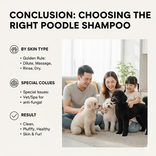 Gia đình chăm sóc ba chú chó Poodle trắng, đen, nâu – kết luận chọn sữa tắm theo da, lông và nhu cầu riêng biệt