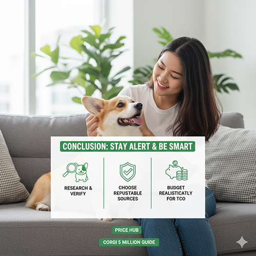 Người phụ nữ vuốt ve chó Corgi trên ghế sofa, minh họa kết luận về Corgi dưới 1 triệu và lời khuyên chọn mua an toàn