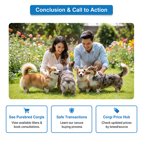 Gia đình chơi cùng bầy Corgi nhiều màu với đuôi dài và bobtail, minh họa kết luận và lời kêu gọi hành động.