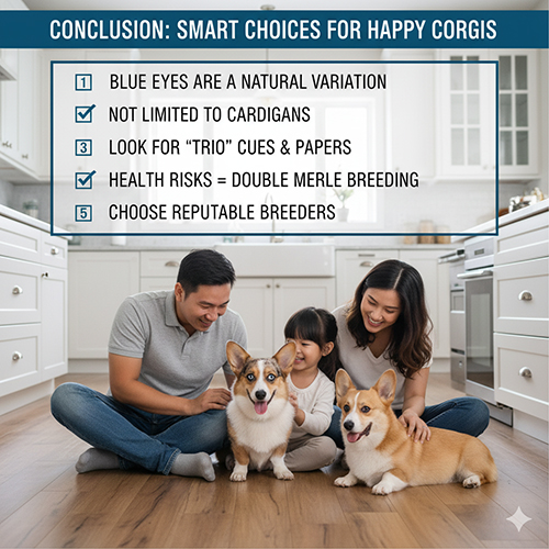 Gia đình chơi đùa cùng hai bé Corgi trong bếp, một bé có mắt xanh nổi bật