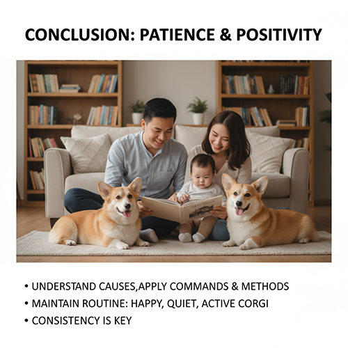 Gia đình đọc sách bên hai chú Corgi ngoan ngoãn trong phòng khách, kết thúc hành trình huấn luyện giảm sủa