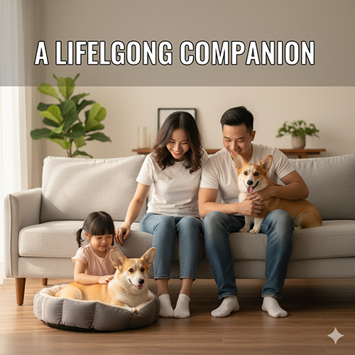 Gia đình hạnh phúc bên hai chú Corgi trưởng thành trong phòng khách ấm cúng