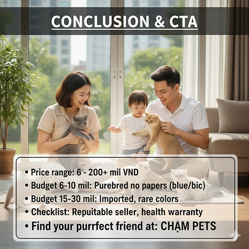 Kết luận & CTA bảng giá mèo Anh lông ngắn 2025 – gia đình chơi với đàn British Shorthair trong phòng khách, tóm tắt mức giá và lời khuyên chọn mua