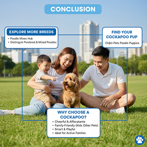 Kết luận Cockapoo – Poodle lai Cocker: giống chó lai vui vẻ, giàu tình cảm, thông minh, lý tưởng cho gia đình năng động có trẻ nhỏ