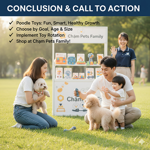 Gia đình chơi với chó Poodle tại gian hàng Chạm Pets – kết luận và lời kêu gọi hành động mua đồ chơi & Poodle