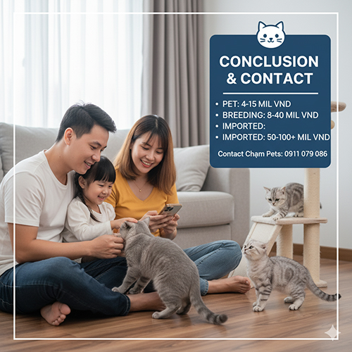 Gia đình chơi với ba mèo Anh lông ngắn trưởng thành trong phòng khách; khung “Conclusion & Contact” tóm tắt giá pet 4–15 triệu, giống 8–40 triệu, nhập khẩu 50–100+ triệu; hotline Chạm Pets 0911 079 086.