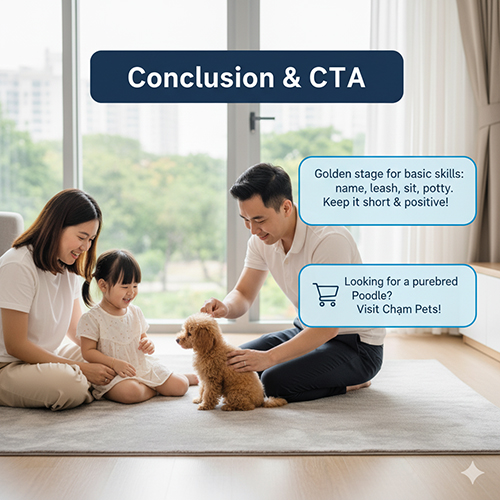 Kết luận & CTA huấn luyện Poodle 2 tháng tuổi: giai đoạn vàng để dạy gọi tên, làm quen dây dắt, ngồi và đi vệ sinh đúng chỗ; giữ buổi tập ngắn và có thưởng.
