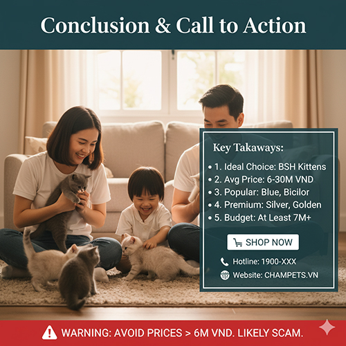 Ảnh kết luận và CTA giá mèo Anh lông ngắn con 2025 – gia đình chơi với nhiều mèo con trong phòng khách, khung “Key Takeaways” và cảnh báo tránh giá dưới 6 triệu.