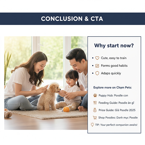 Kết luận & CTA – Poodle 2 tháng tuổi là giai đoạn lý tưởng để bắt đầu nuôi, dễ thương, dễ rèn nếp và hòa nhập nhanh