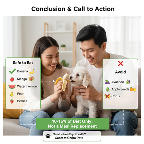 Kết luận: Poodle ăn được hoa quả an toàn như chuối, xoài, dưa hấu, lê, dâu tây; tránh nho, bơ, hạt táo, cam chanh; chỉ chiếm 10–15% khẩu phần
