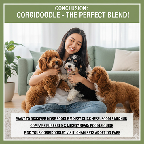 Cô gái ôm ba chú chó Corgidoodle – giống chó lai Poodle và Corgi đáng yêu, thông minh và thân thiện với trẻ nhỏ