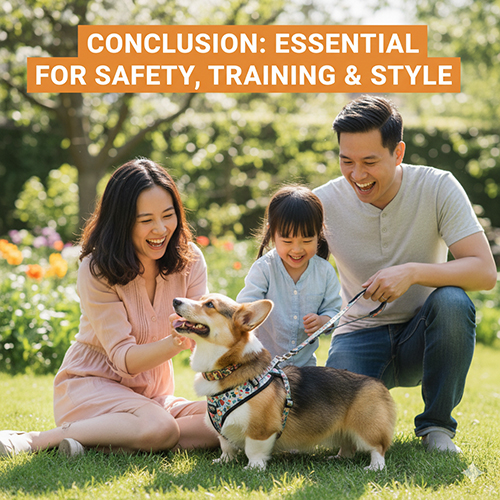 Gia đình hạnh phúc cùng chó Corgi đeo dây dắt ngoài công viên, minh họa kết luận