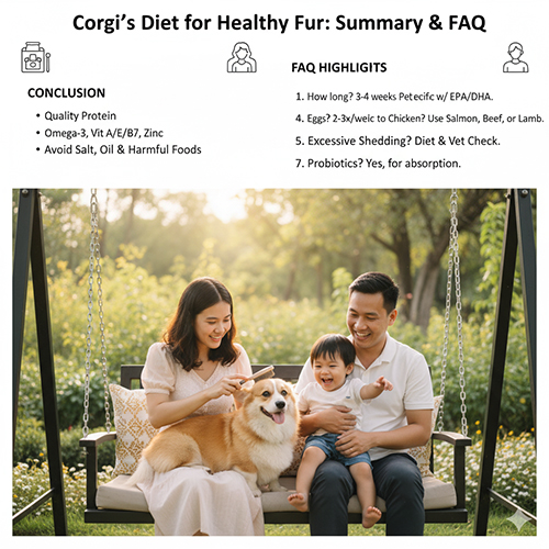 Kết luận và FAQ về chế độ ăn giúp chó Corgi có bộ lông đẹp – đạm chất lượng, omega-3, vitamin và khoáng chất
