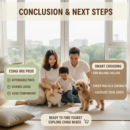Gia đình hạnh phúc chơi cùng chó Corgi lai trong phòng khách, minh họa phần kết luận và định hướng chọn mua