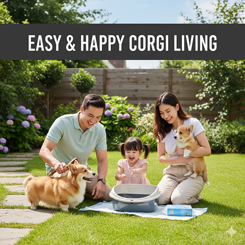 Một gia đình hạnh phúc gồm bố, mẹ và một bé gái đang chơi đùa với hai chú chó Corgi trong vườn, bên cạnh là khay vệ sinh và tã lót cho chó. Hình ảnh thể hiện cuộc sống dễ dàng và vui vẻ khi nuôi Corgi với đầy đủ đồ dùng vệ sinh.