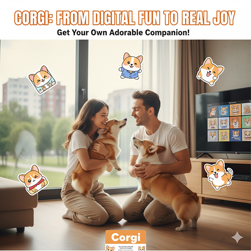 Cặp đôi hạnh phúc ôm hai chú Corgi thật và xung quanh là các sticker Corgi chibi hoạt hình, thể hiện niềm vui từ thế giới digital đến thực tế.