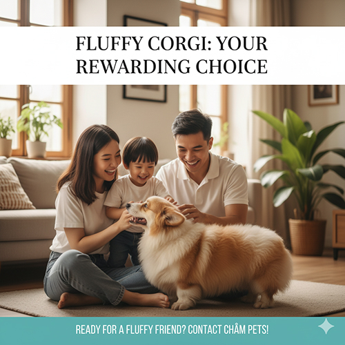 Gia đình hạnh phúc chơi cùng chú Corgi lông dài Fluffy trong phòng khách, minh họa phần kết luận và lời kêu gọi hành động.