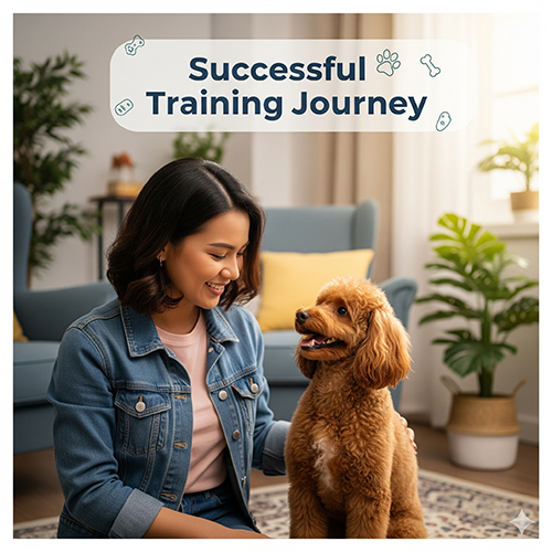 Cô gái mỉm cười vuốt ve chú chó Poodle nâu sau khi hoàn thành khóa huấn luyện thành công