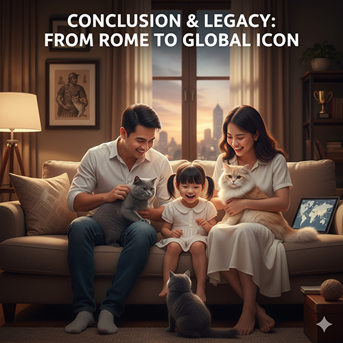 Gia đình hạnh phúc ngồi trên ghế sofa cùng mèo Anh lông ngắn và mèo Ba Tư trong không gian ấm áp buổi chiều