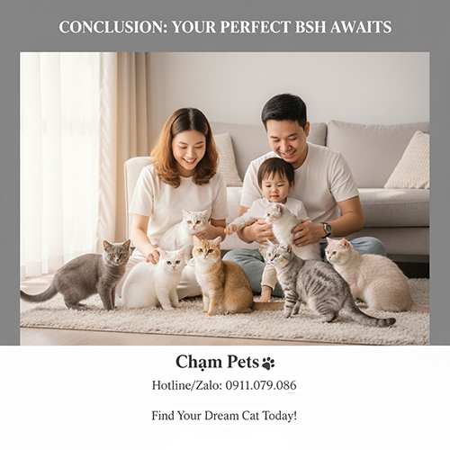 Gia đình vui vẻ bên nhiều mèo Anh lông ngắn đủ màu sắc tại Chạm Pets