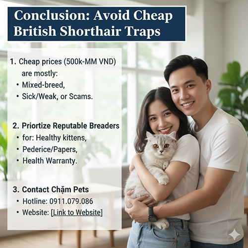 Cặp đôi ôm mèo Anh lông ngắn trong phòng khách, khung chữ tóm tắt cách tránh bẫy “giá rẻ” và thông tin liên hệ Chạm Pets.