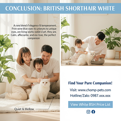 Kết luận & liên hệ Chạm Pets về mèo Anh lông ngắn trắng (British Shorthair White) – giống mèo quý hiếm, tinh khôi và sang trọng.
