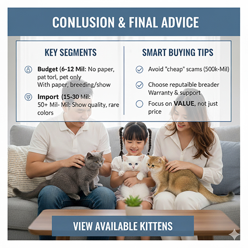 Infographic kết luận và lời khuyên mua mèo Anh lông ngắn 2025; gia đình bế ba mèo con trên sofa, nêu phân khúc giá và mẹo mua an toàn