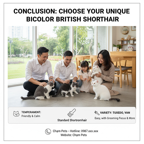 Gia đình hạnh phúc chơi cùng mèo Anh lông ngắn bicolor trong phòng khách sáng sủa