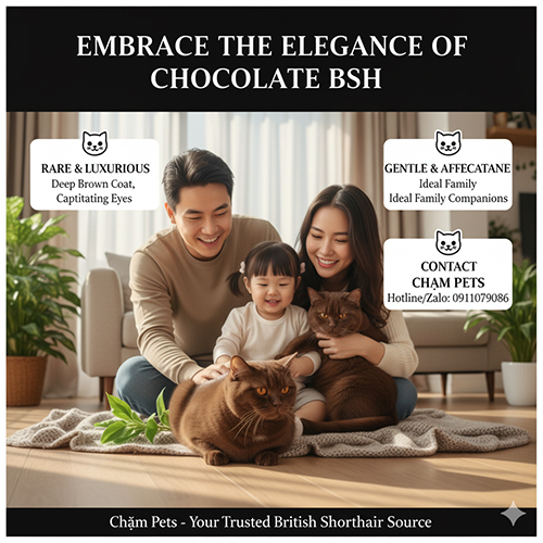 Kết luận về mèo Anh lông ngắn Chocolate với bộ lông nâu quý phái, hiếm và sang trọng, liên hệ Chạm Pets để tư vấn