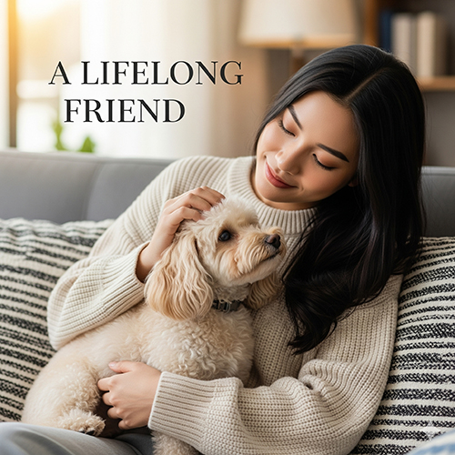 Cô gái mỉm cười âu yếm chó Poodle trắng kem trên ghế sofa, minh họa tình bạn trọn đời giữa người và Poodle.