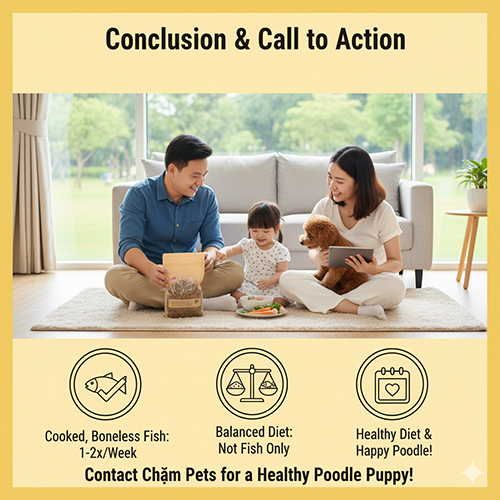 Kết luận về việc cho Poodle ăn cá – chế biến chín, bỏ xương, cho ăn 1–2 lần/tuần và liên hệ Chạm Pets để mua Poodle khỏe mạnh