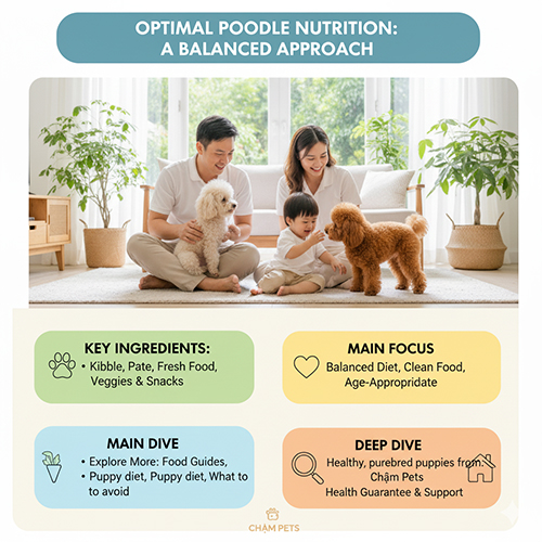 Thức ăn cho Poodle cần đa dạng và cân bằng: hạt, pate, đồ tươi, rau củ và snack