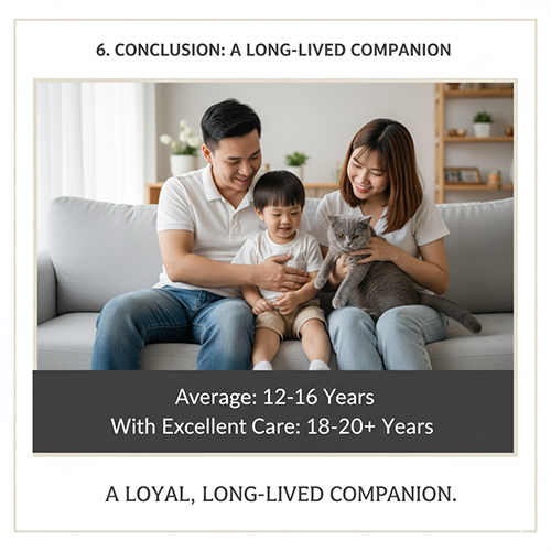 Tuổi thọ mèo Anh lông ngắn trung bình 12–16 năm, có thể đạt 18–20 năm với chế độ chăm sóc tốt