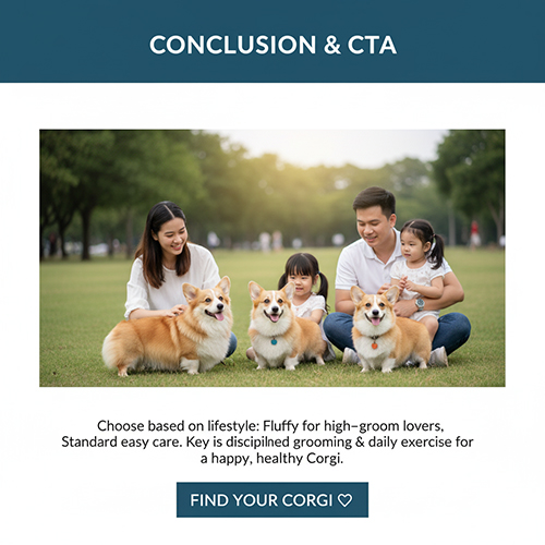 Gia đình ngồi ngoài công viên cùng ba bé Corgi, minh họa phần kết luận và CTA
