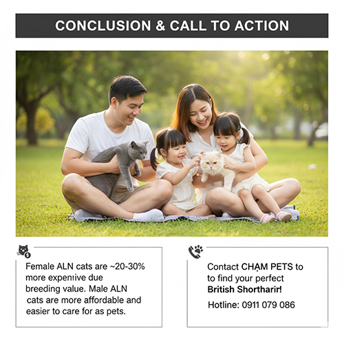 Gia đình Việt ngồi công viên chơi với hai mèo British Shorthair kem và xám; box CTA liên hệ Chạm Pets, nhấn mạnh mèo cái đắt hơn 20–30%