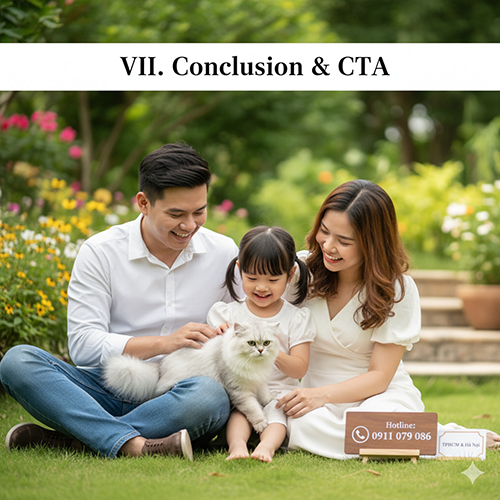 Gia đình Việt Nam ngồi trong vườn xanh mát vuốt ve mèo Anh lông ngắn lai Anh lông dài, kèm bảng hotline liên hệ Chạm Pets