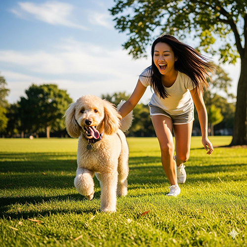 Cô gái vui vẻ chạy cùng chó Poodle ngoài công viên, minh họa sức khỏe và năng lượng từ chế độ dinh dưỡng chuẩn.