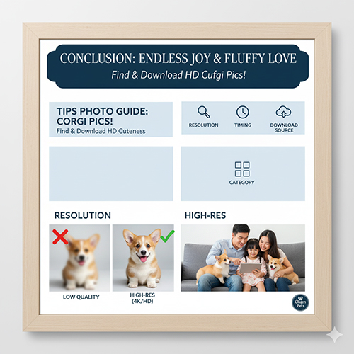 Infographic tổng kết các tips chọn ảnh Corgi mini chất lượng cao (4K/HD) và hình ảnh gia đình ôm Corgi, thể hiện niềm vui và tình yêu với giống chó này.